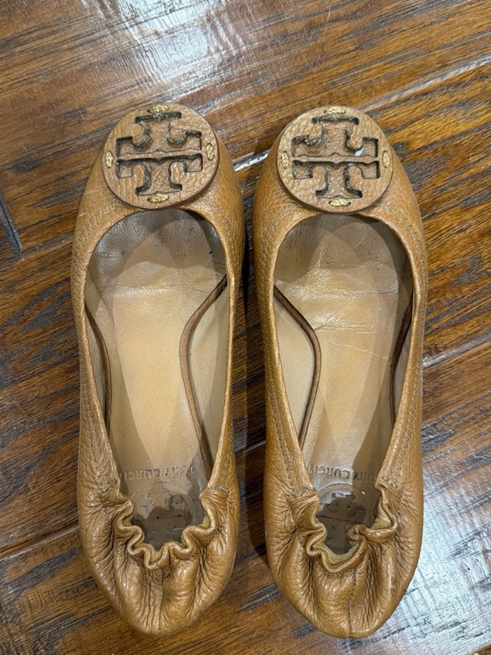 Tory Burch Cognac Leather Logo Ballet Flats